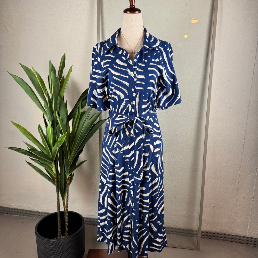 H&M Button Down Midi Dress Womens XS Blue White Abstract Tie Waist Coastal